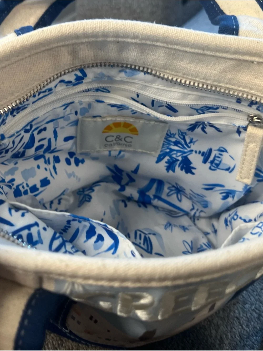 C&C California Cream & Navy 'Greece' Canvas Tote